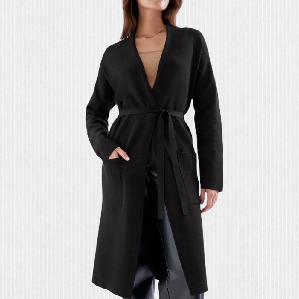 Babaton Black Ty Long Belted Cardigan Size XS